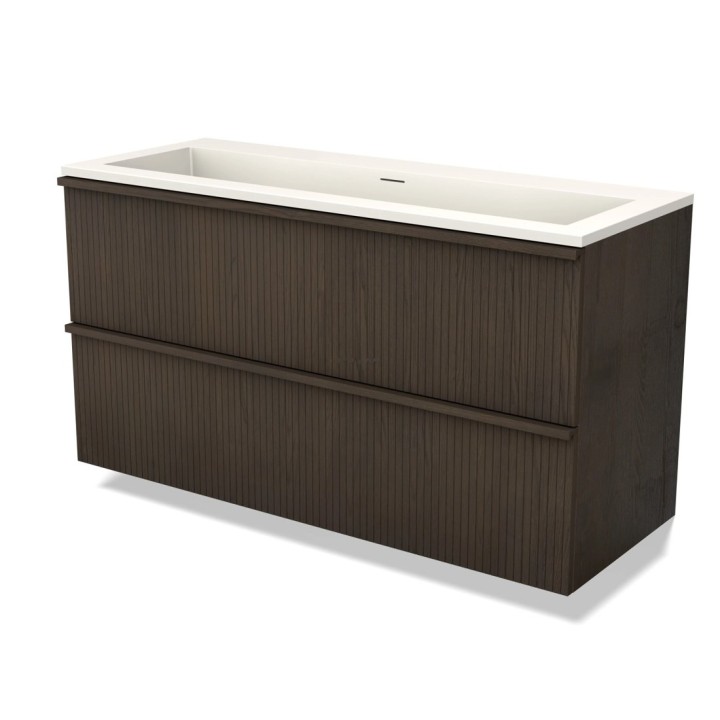 Koupelnový nábytek Modulo Plus s umyvadlem | 120 cm dub espresso žebrované čelo solid surface 2 zásuvky nad sebou