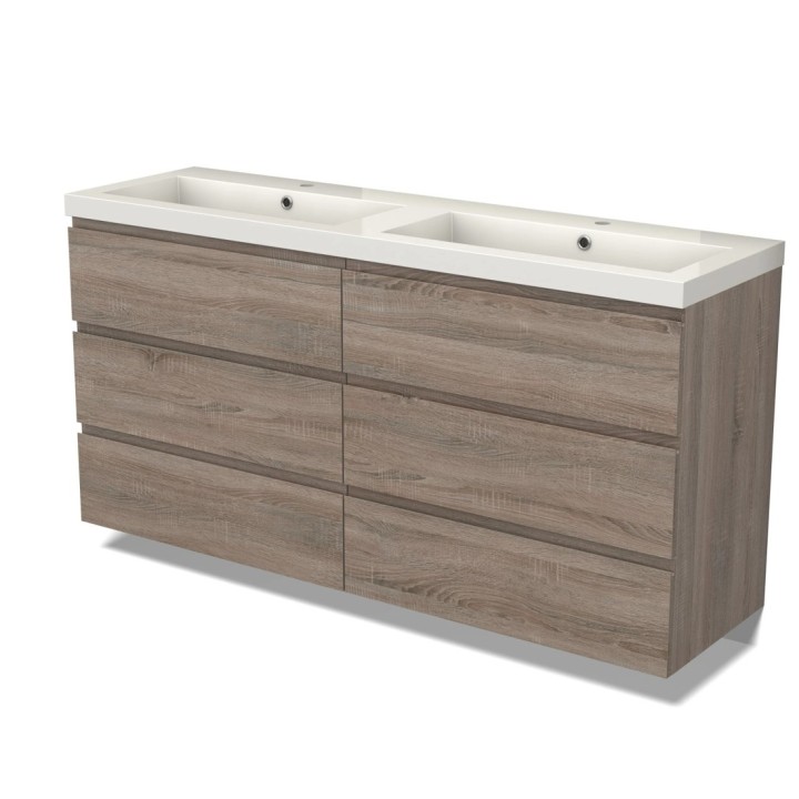 Koupelnový nábytek Modulo s umyvadlem | 160 cm dub čelo bez úchytek minerální mramor 6 zásuvek