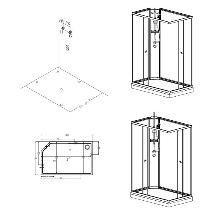 Kompletní sprchový kout Modera | 120×80 cm černé sklo posuvné dveře obdélníková