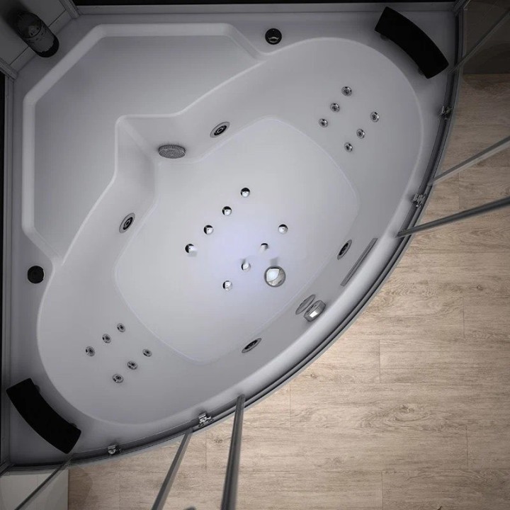 Parní kabina s vanou Modera | 140×140 cm černé sklo posuvné dveře čtvrtkruhová