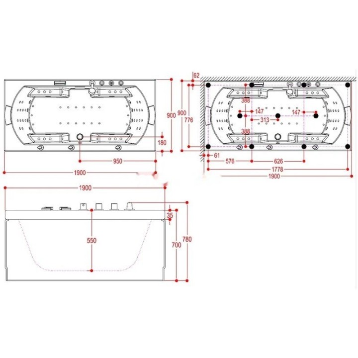 Vířivá vana Atlantic Platinum | pro 2 osoby 190×90 cm vodní a vzduchová masáž s turbem